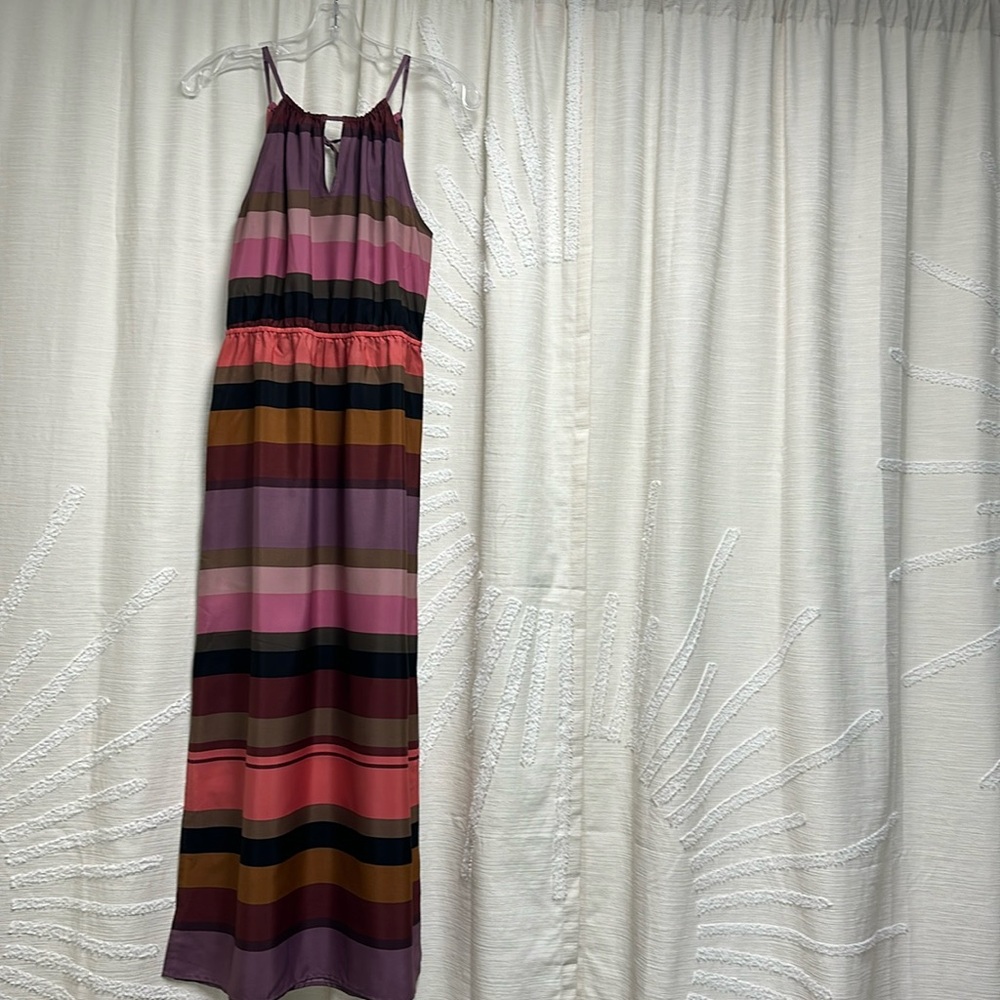 Loft size SP Multi Stripe Keyhole Neck Poly Maxi Dress side slits cinched waist